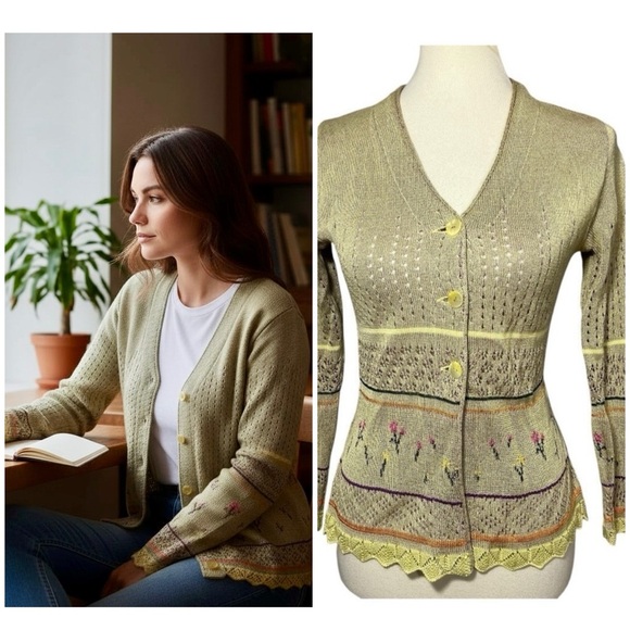 Vintage Sweaters - Vintage Cardigan Knit Sweater Poetcore Cottage Crochet Floral Neutral Cream